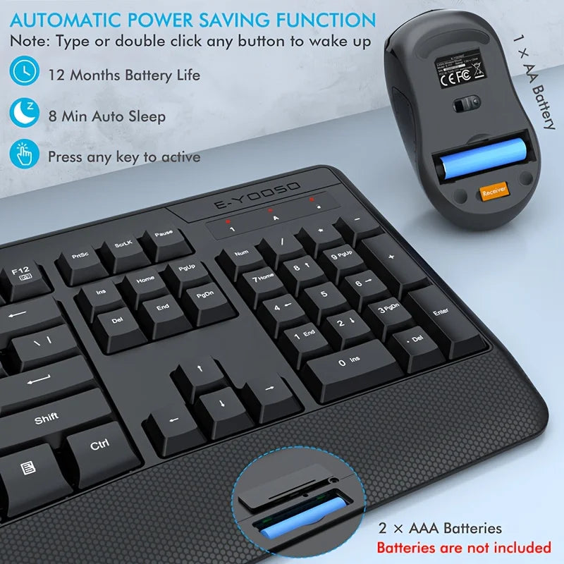 E-YOOSO 1 Set 2.4GHz Wireless Keyboard and Mouse Set,Ergonomic Wrist Rest, Optical Movement Detection,for Personal Computer