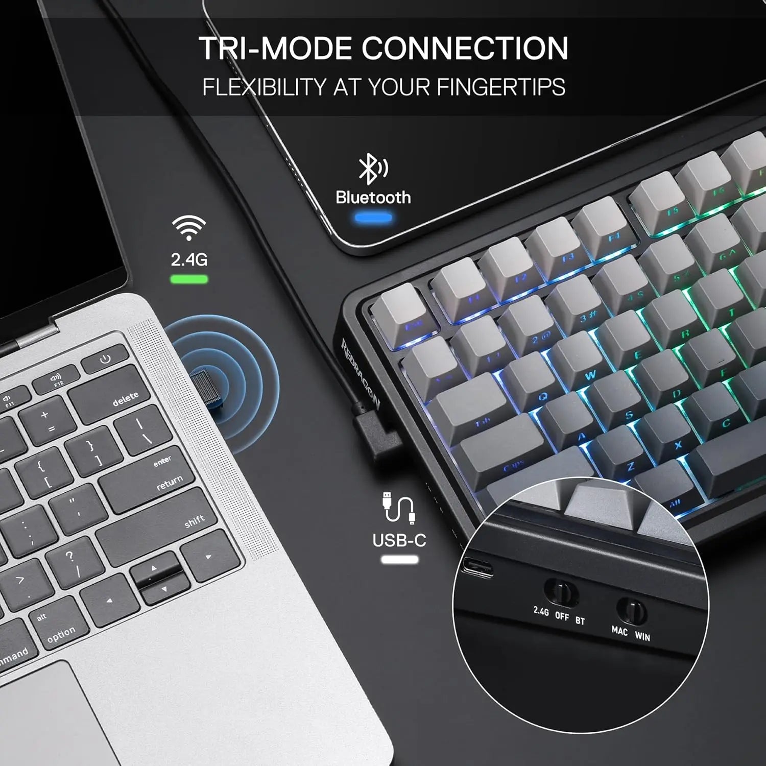 Redragon K686 PRO 98 Keys Wireless Gasket RGB Gaming 3-Mode PBT Mechanical Hot-Swap South-Facing RGB Socket Keyboard