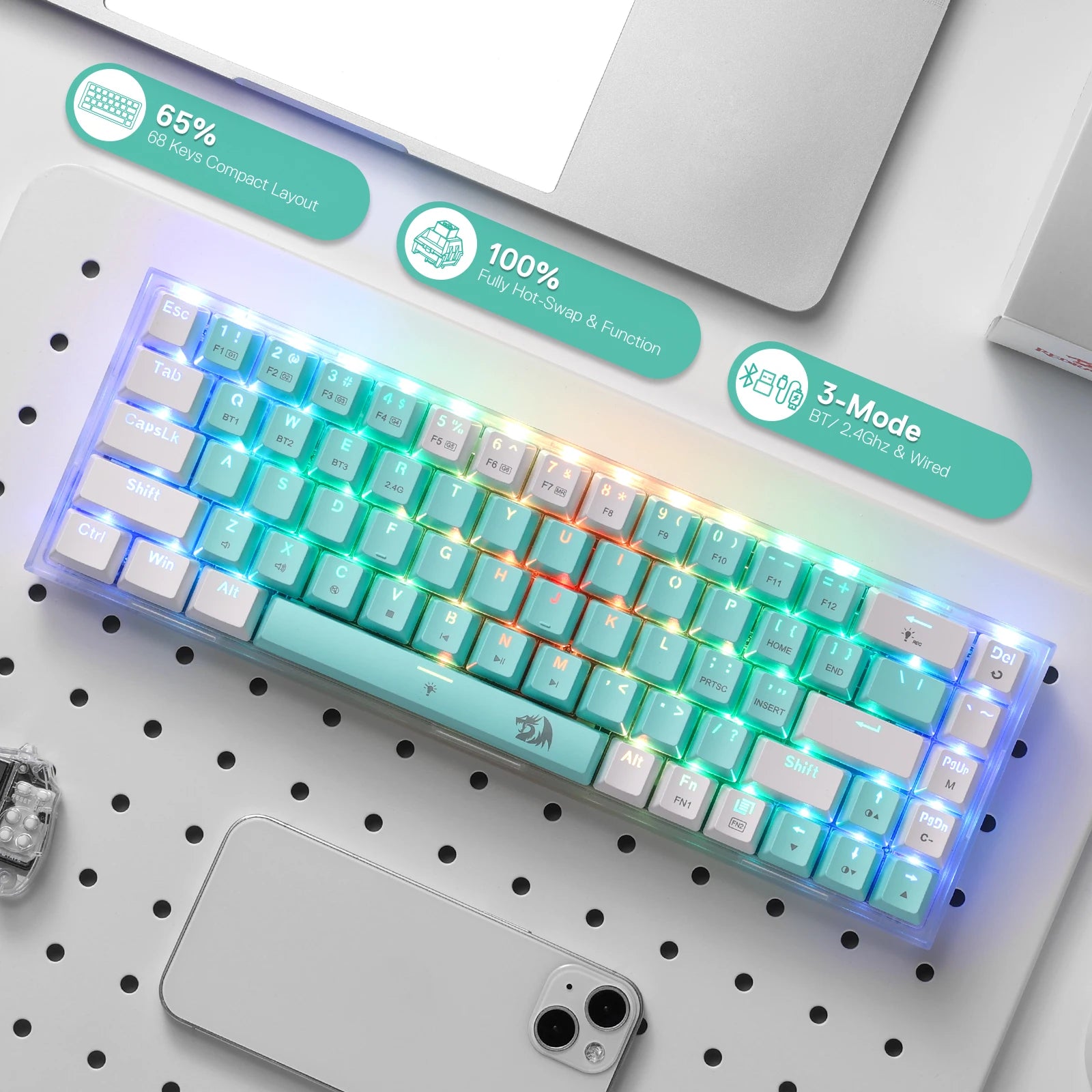 Redragon K631 PRO WT Hot-Swappable 65% 3-Mode Wireless RGB Gaming Keyboard, Custom Quiet Linear Switch