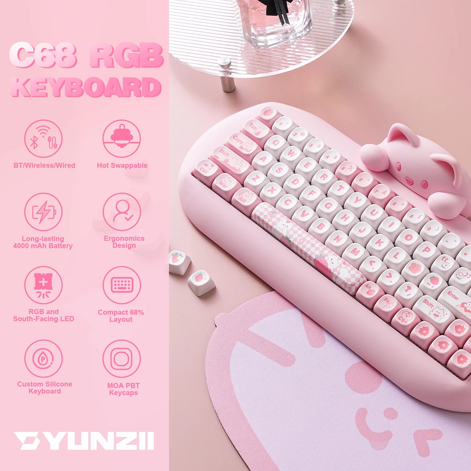 YUNZII C68 Wireless Gaming Keyboard, Hi-Fi Cute Cat Custom RGB Mechanical Keyboard, Silicone 65% Hot Swap Ergonomic Kitty Keeb