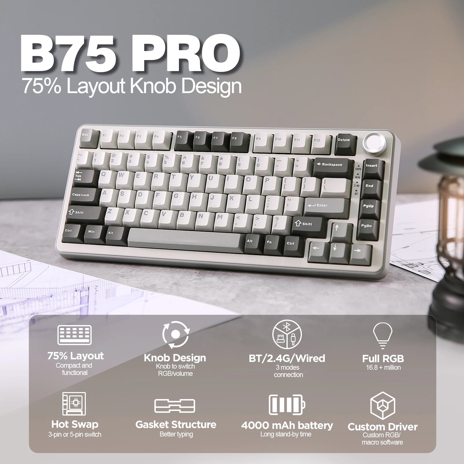 YUNZII B75 PRO 82-Key Wireless Mechanical Gaming Keyboard, Gasket Hot Swap Custom RGB 75% BT/Type-C/2.4G Creamy Knob Keyboard