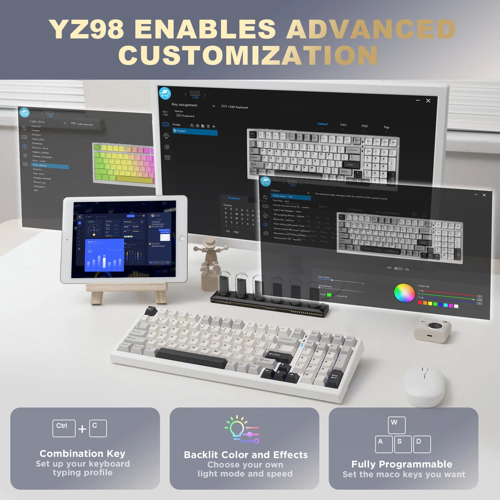YUNZII YZ98 White Full Size Mechanical Gaming Keyboard, Vintage 99 Keys Hot Swap Gasket 98% Layout Wireless RGB Backlit Keyboard