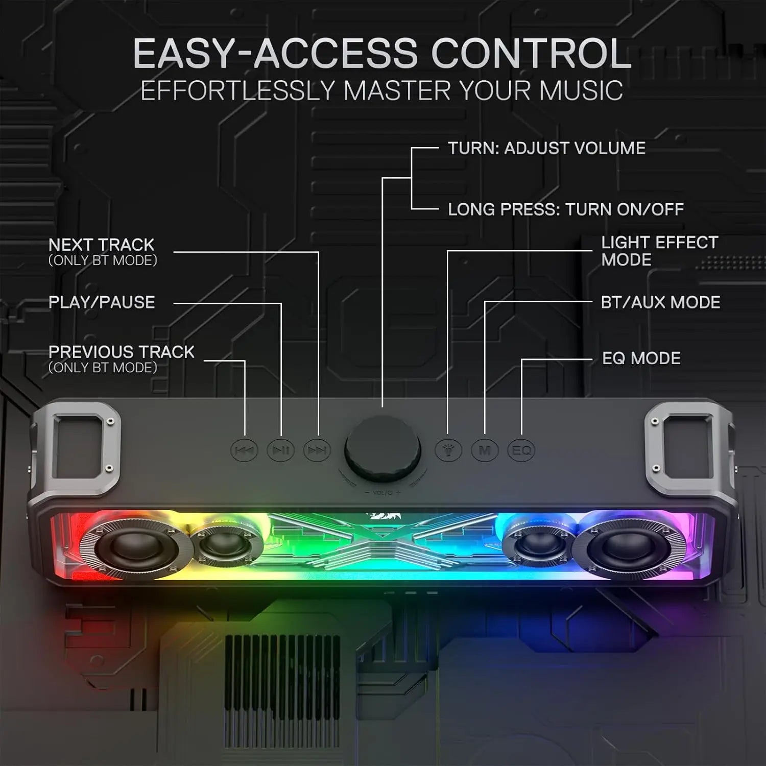 Redragon GS817 RGB 2.0 Channel Stereo Speakers Touch-Control Bluetooth 5.3 & 3.5mm AUX Inputs Desktop Soundbar, Black