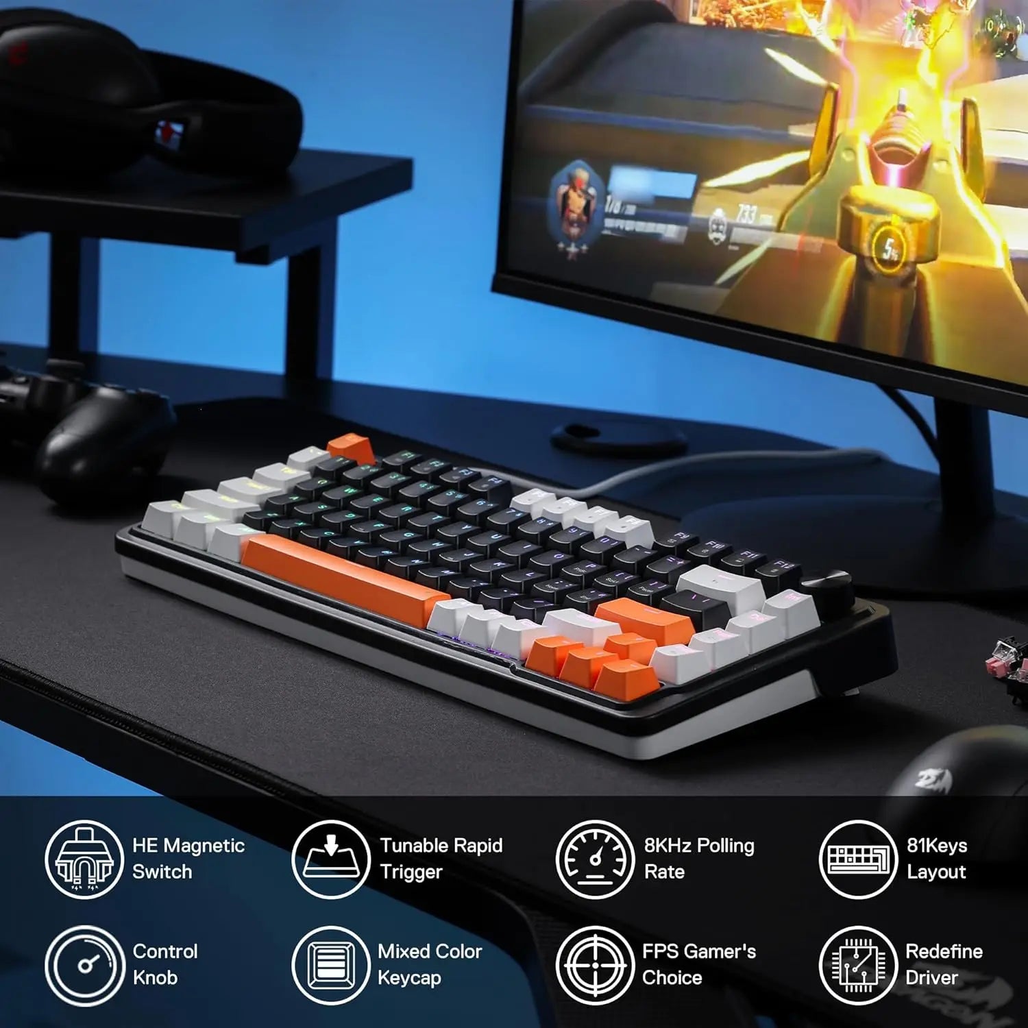 Redragon K714 Rapid Trigger HE Gaming 75% 81 Keys Wired Mechanical Keyboard，Hyper-Fast Actuation Magnetic Switch