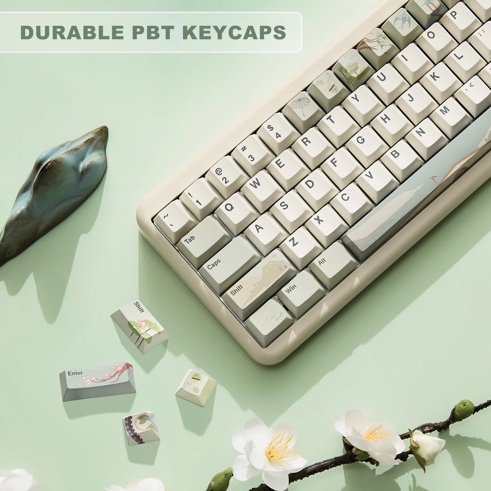 YUNZII Spring Tea 145 Full-Key Dye Sub PBT Custom Keycap with Key-Puller for Cherry Gateron MX Switch Mechanical Gaming Keyboard
