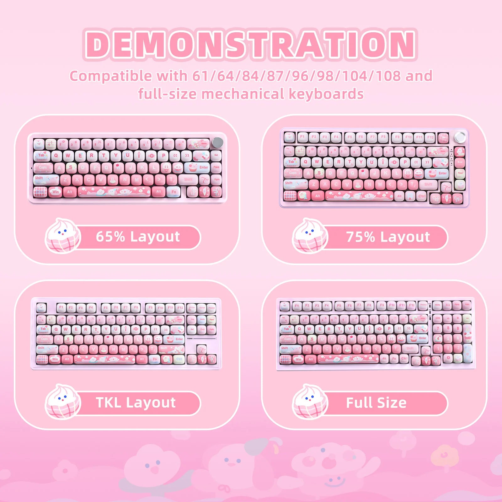 YUNZII Pink Ice Cream MOG Custom Keycaps, 138 Keys Dye Sub PBT Cute MOG Profile Keycap Set for Mechanical Gaming Keyboards