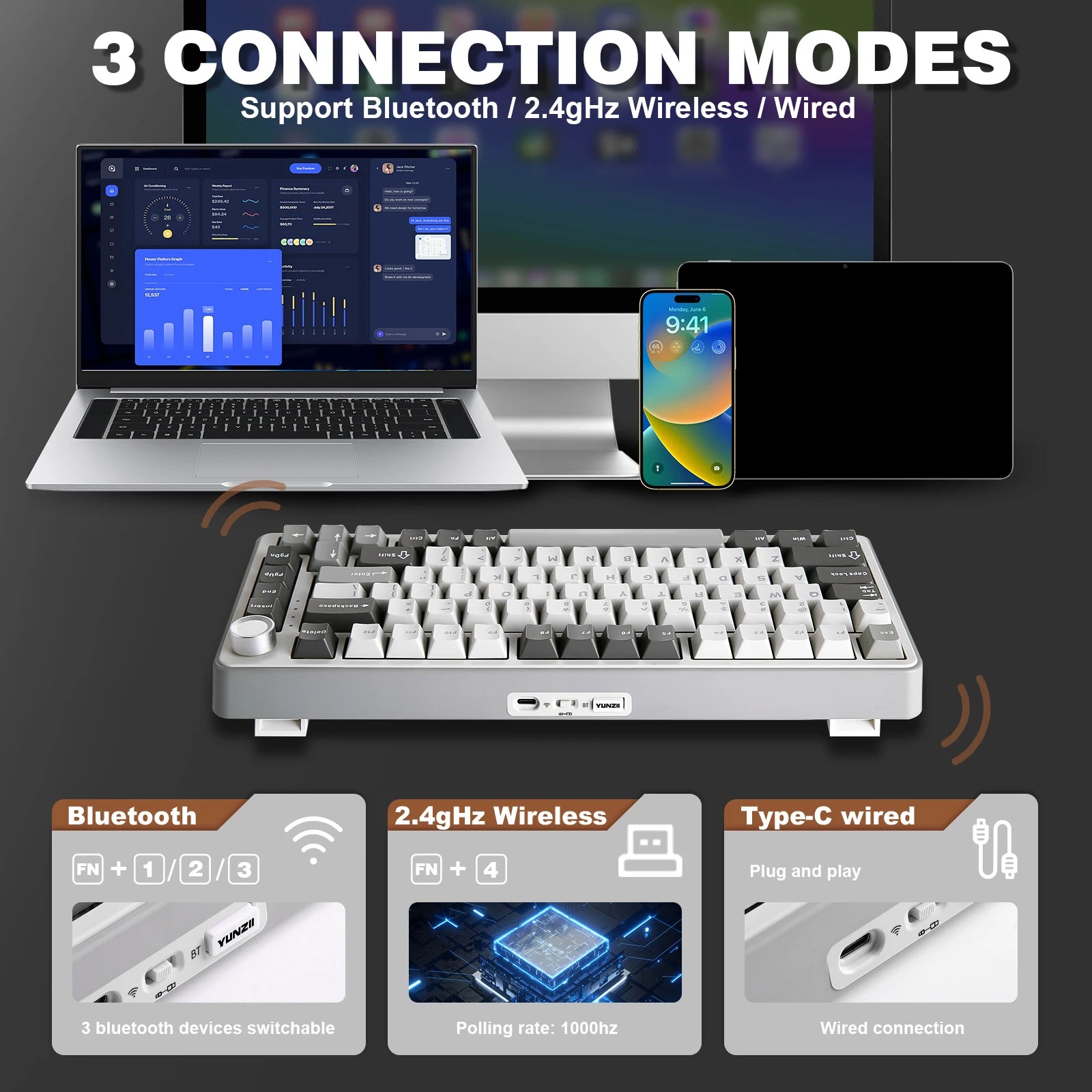 YUNZII B75 PRO 82-Key Wireless Mechanical Gaming Keyboard, Gasket Hot Swap Custom RGB 75% BT/Type-C/2.4G Creamy Knob Keyboard