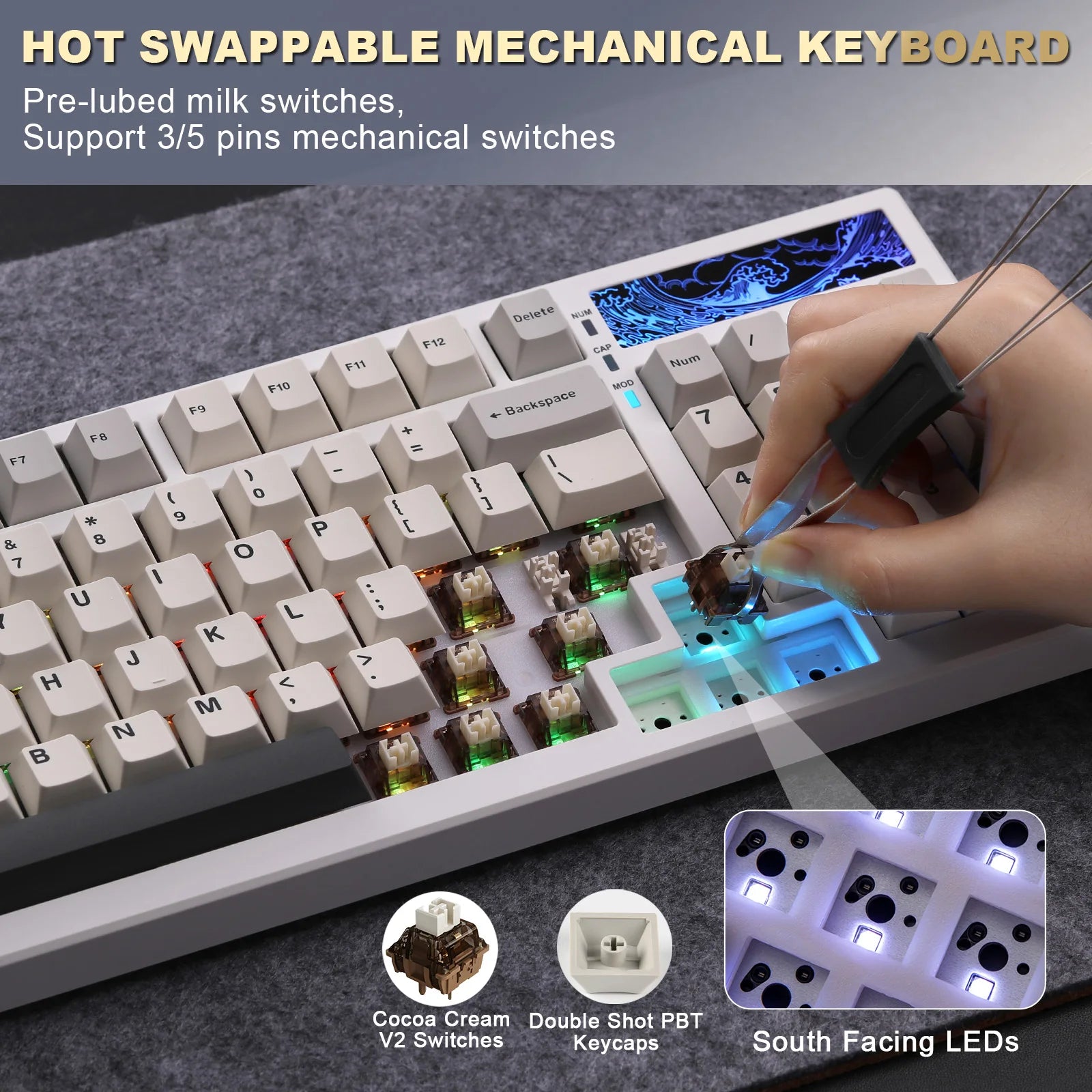 YUNZII YZ98 White Full Size Mechanical Gaming Keyboard, Vintage 99 Keys Hot Swap Gasket 98% Layout Wireless RGB Backlit Keyboard