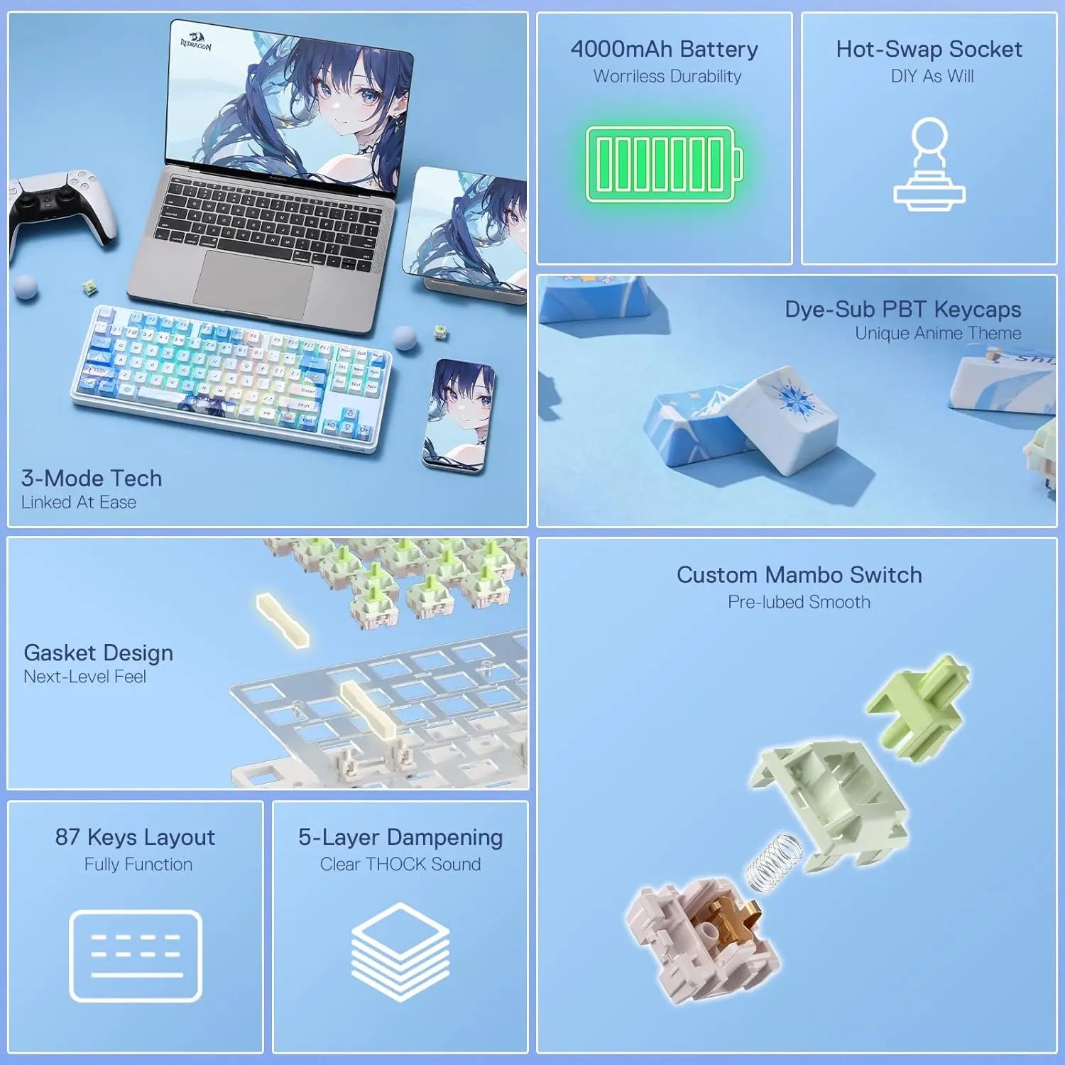 Redragon K707 PRO SE 80% Wireless Gasket RGB 3-Modes 87 Keys Gaming Mechanical Hot-Swap Keyboard, Mint Mambo Switch